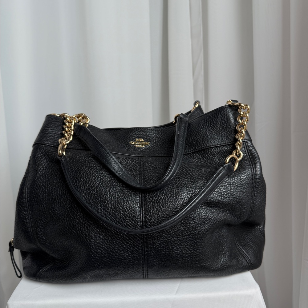 Women's Black Pebble Leather Coach Bag with Gold Chain